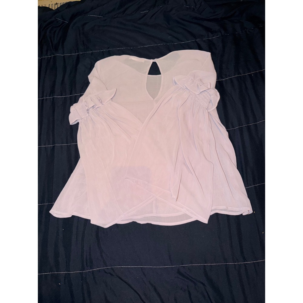 Lavender Ruffle Bell Sleeve Keyhole Chiffon Blouse Purple Womens Top - Picture 3 of 7